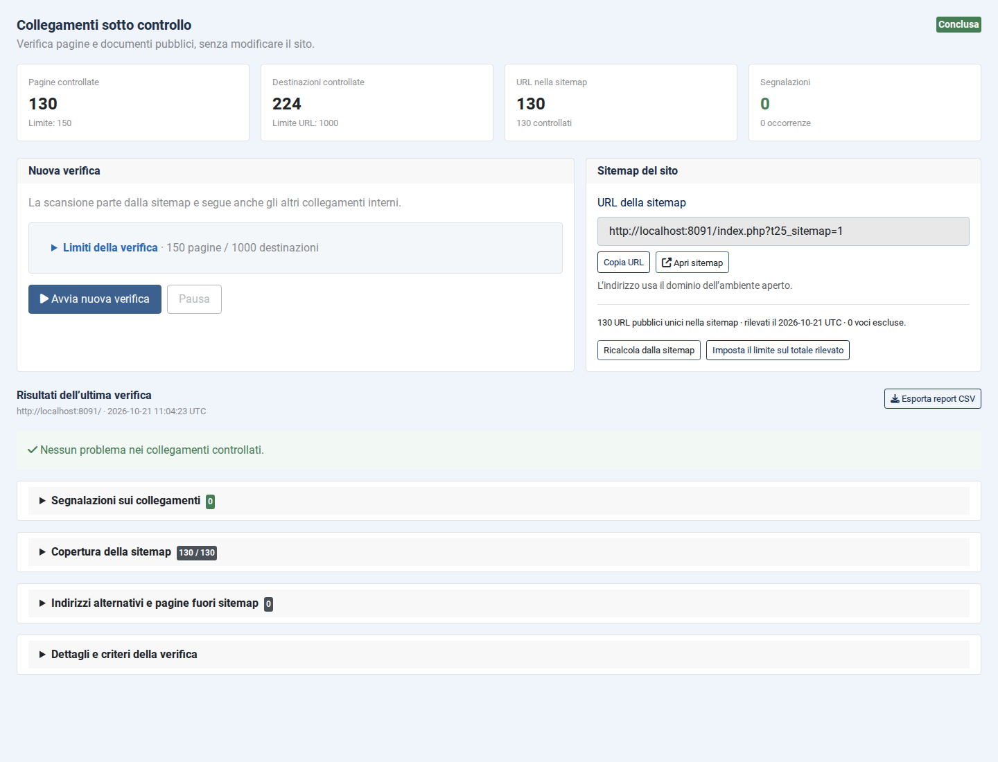 Scansione conclusa, sitemap e riepilogo dei collegamenti